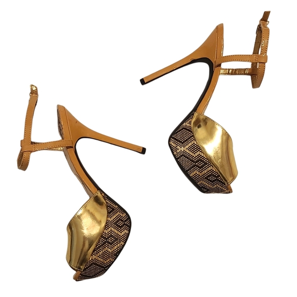 Sam & Libby Gold & Caramel Ankle Strap Peep Toe Platform Heels Size 9 New - Picture 3 of 11